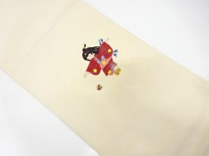 手織り紬　童女に毬つき模様織り出し　名古屋帯